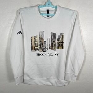 Adidas Sweatshirt Mens Small White Brooklyn New York Crewneck‎ Fleece Pullover
